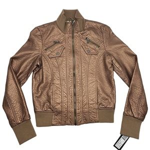 NWT Truth of Touch Metallic Gold Faux Leather Bomber Jacket Women's Size XS